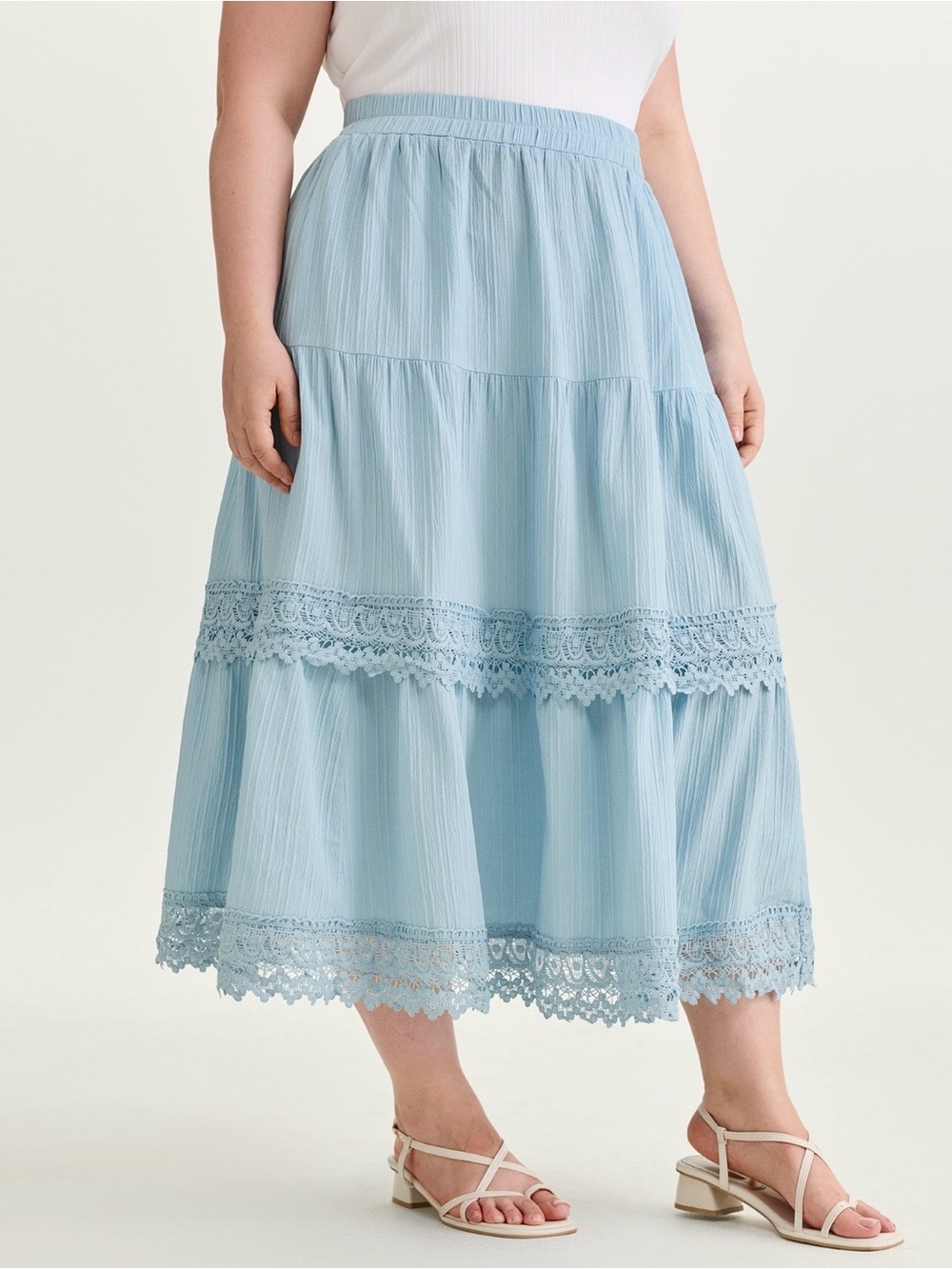 BloomChic Light Blue Lace-Trim Tiered Maxi Skirt